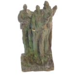 A late 20thC French bronze sculpture or maquette, cast as three standing figures, monogrammed, dated