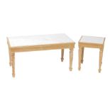 An Adam style pine and veined white marble rectangular occasional table, raised on tapering square