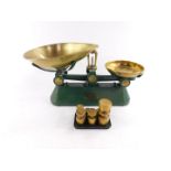 A set of F.J. Thornton & Co Ltd brass and green painted cast iron kitchen scales, The Viking,