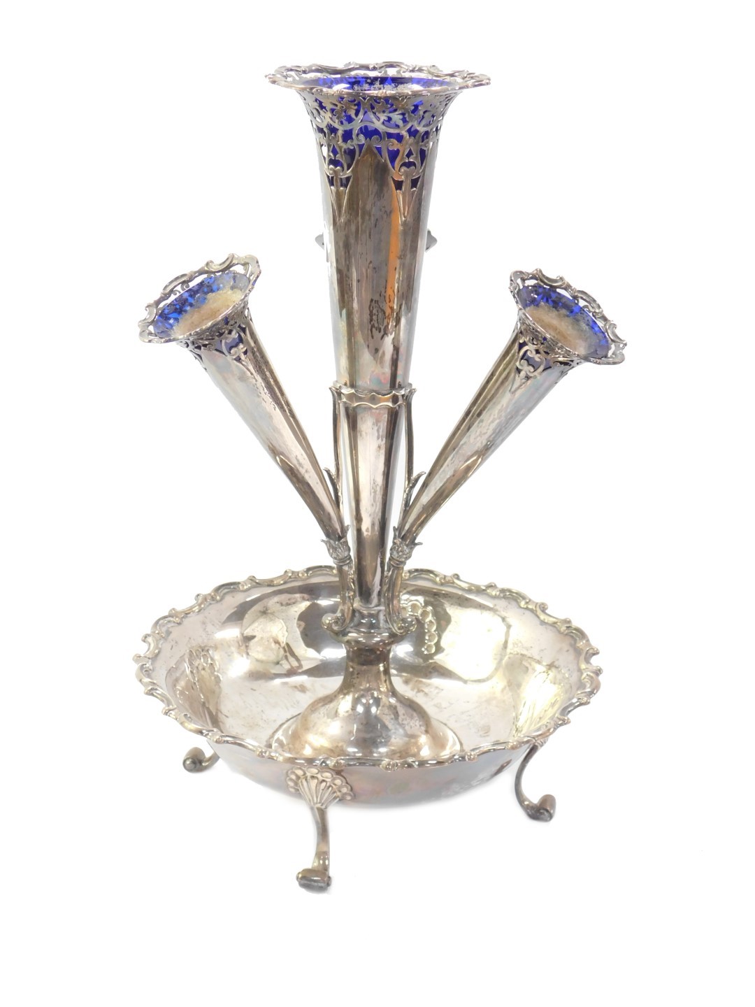 An Edward VII silver epergne, of four trumpet form, with four Bristol Blue glass flower holders,