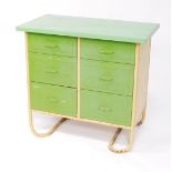 A Dean Bros of Nottingham mid 20thC cream and green painted metal and enamel kitchen chest, the