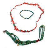 A Navaho Indian coral and rough cut turquoise necklace, turquoise and bone double strand necklace,