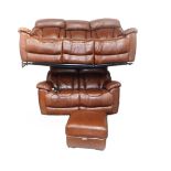 A brown leather three seater electric recliner sofa, 220cm W, a two seater manual recliner sofa,