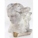 A concrete sculptural bust, lady with long flowing hair, 32cm H, 32cm W.