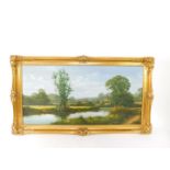 English School (20thC). Landscape with grazing cattle and a river, oil on canvas board, signed