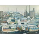 After L S Lowry (1887-1976). Industrial landscape, print, framed by Artworks PTE Ltd, 54cm H, 73.5cm