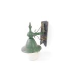 A green painted metal wall hanging street lamp, circa 1920s, with a plastic bucket shade, wooden