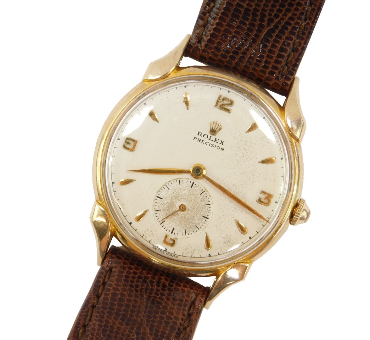 A Rolex precision gentleman's 9ct gold cased wristwatch, circa 1950's, the dial bearing gold