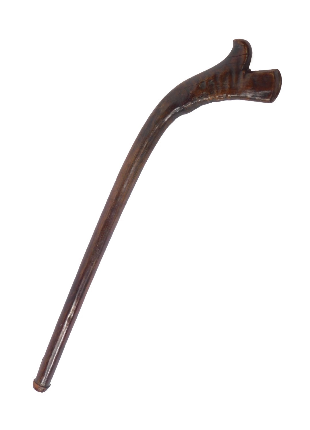 A Fijian wooden 19thC war club or kiakavo, with a gun stock head and tapering shaft of plain form,