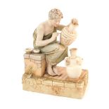 A Royal Dux bisque porcelain figure of a Roman potter, modelled seated with vases, on a naturalistic