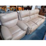 A beige leather reclining two piece suite.