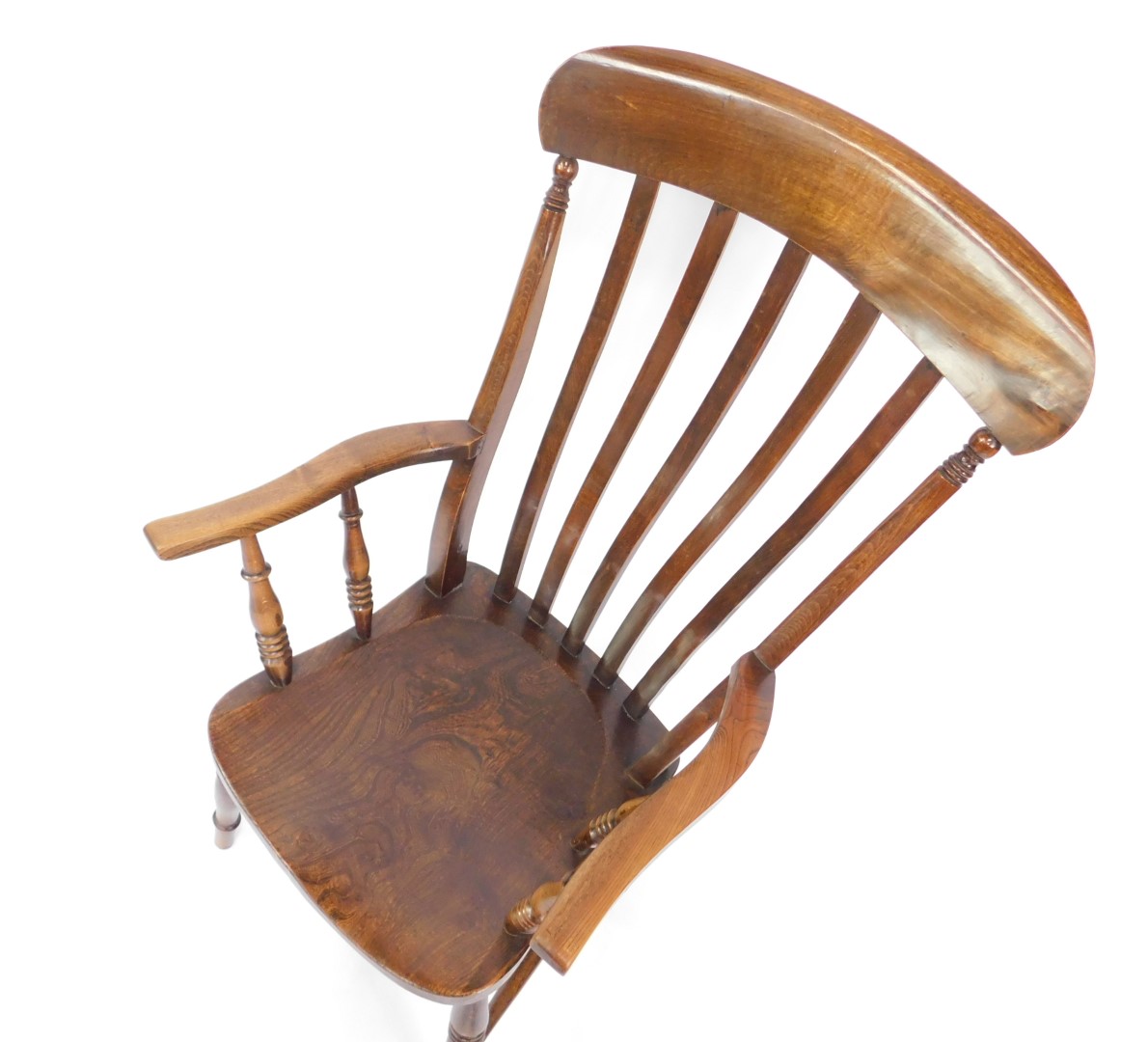 A Victorian oak and elm lath back kitchen chair, with turned arms and solid saddle seat, raised on - Image 2 of 2