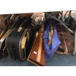 A brass umbrella stand, suitcases, framed prints, a Dulcimer, etc. (qty)