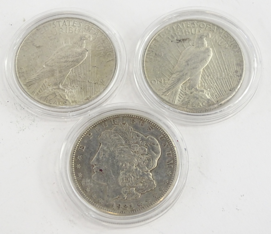 Three American silver dollars, dated 1923, 1922 and 1921. - Image 2 of 2