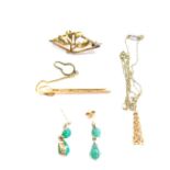 A 9ct gold tie slide, 9ct and seed pearl brooch formed as mistletoe, a pair of 9ct gold and jade