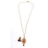 A 9ct gold and pink tourmaline pendant on chain, 3.9g, together with a Georgian seal fob. (2)