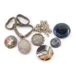 Victorian and later silver jewellery, including a Ruskin pottery mounted brooch, Scottish Agate