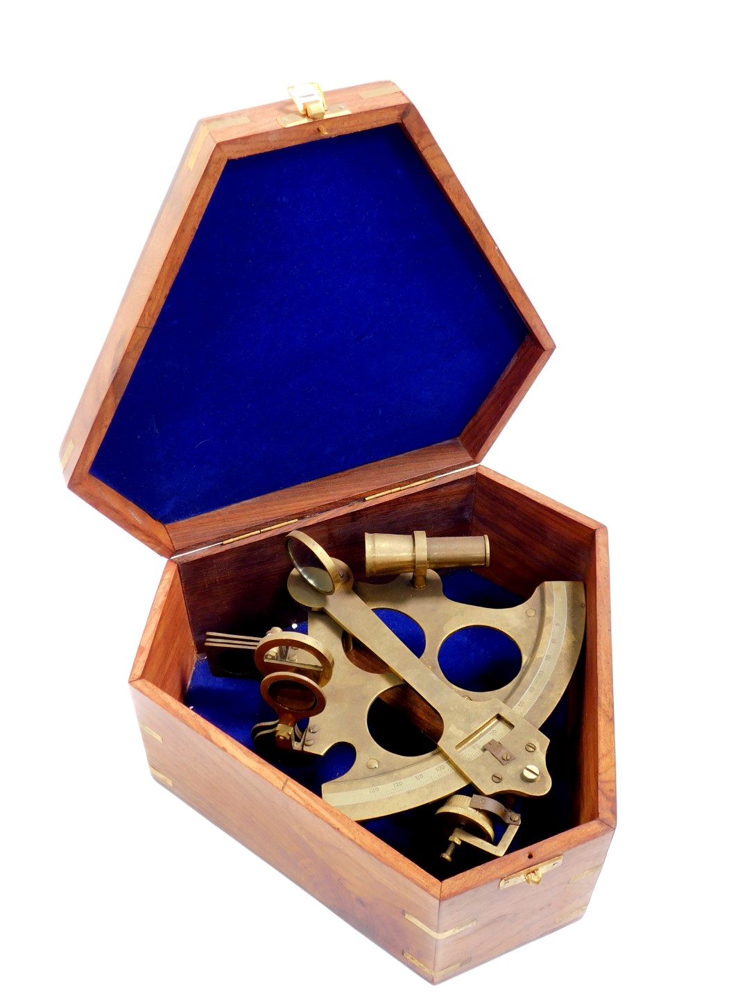 A replica brass sextant, wooden cased.