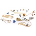 Silver and costume jewellery, including niello and ivory brooches, gold dipped floral brooch,