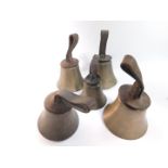Five hand bells, with hammers, one lacking, tooled leather handles, one marked for M Dars, London.