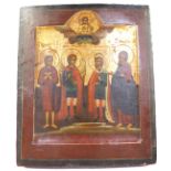 Novgorod School icon (19thC). Four standing saints, beneath a risen Christ, oil on board, 31cm x