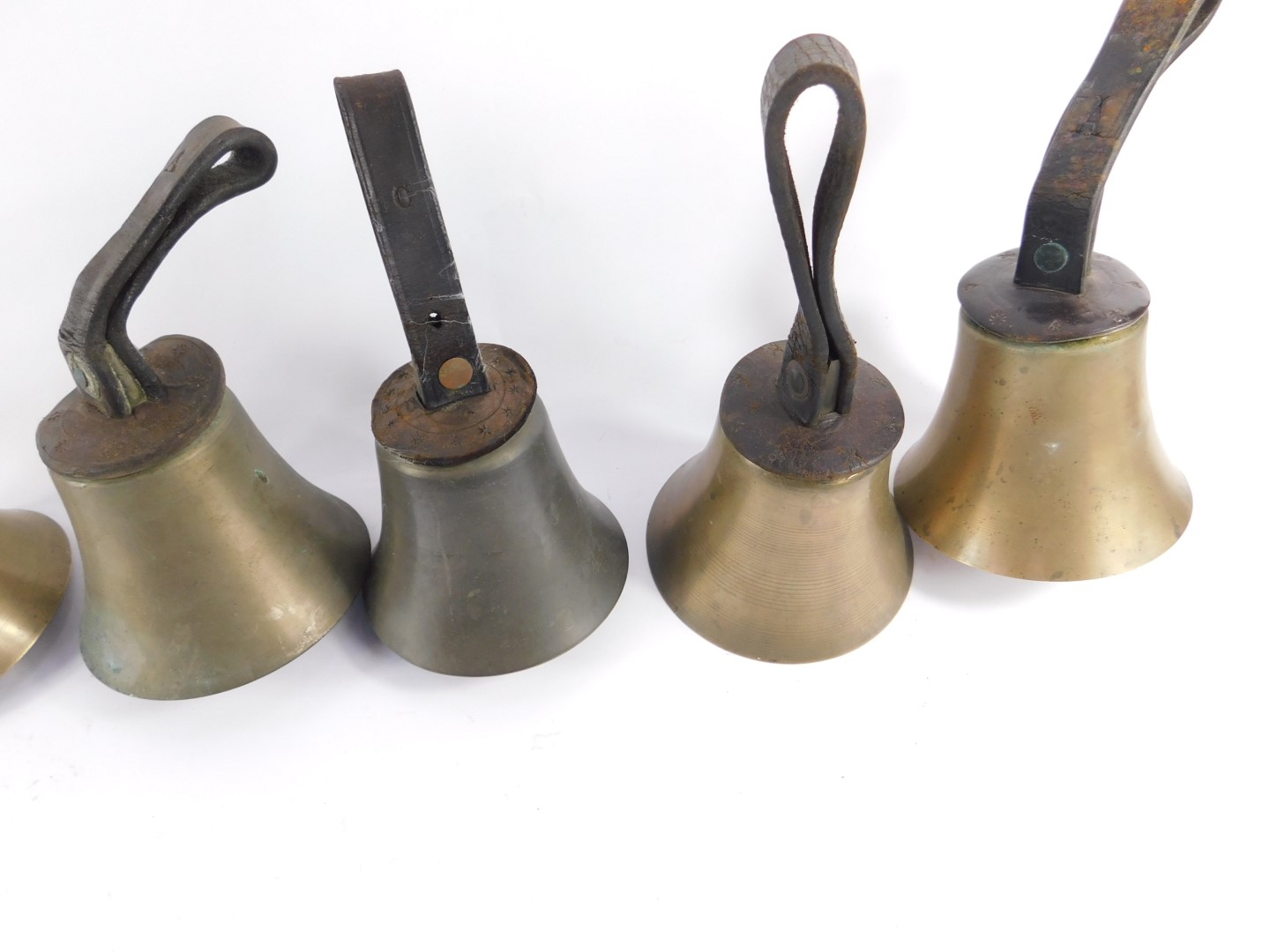 Six hand bells with hammers, one lacking, tooled leather handles. - Image 3 of 5