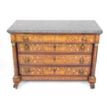 An early 19thC walnut Dutch marquetry commode, set with four drawers each enriched with floral inlay