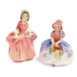 Two Royal Doulton figures comprising Bo Peep (HN1811), 12.5cm H, and Monica (HN1467), 11cm H.