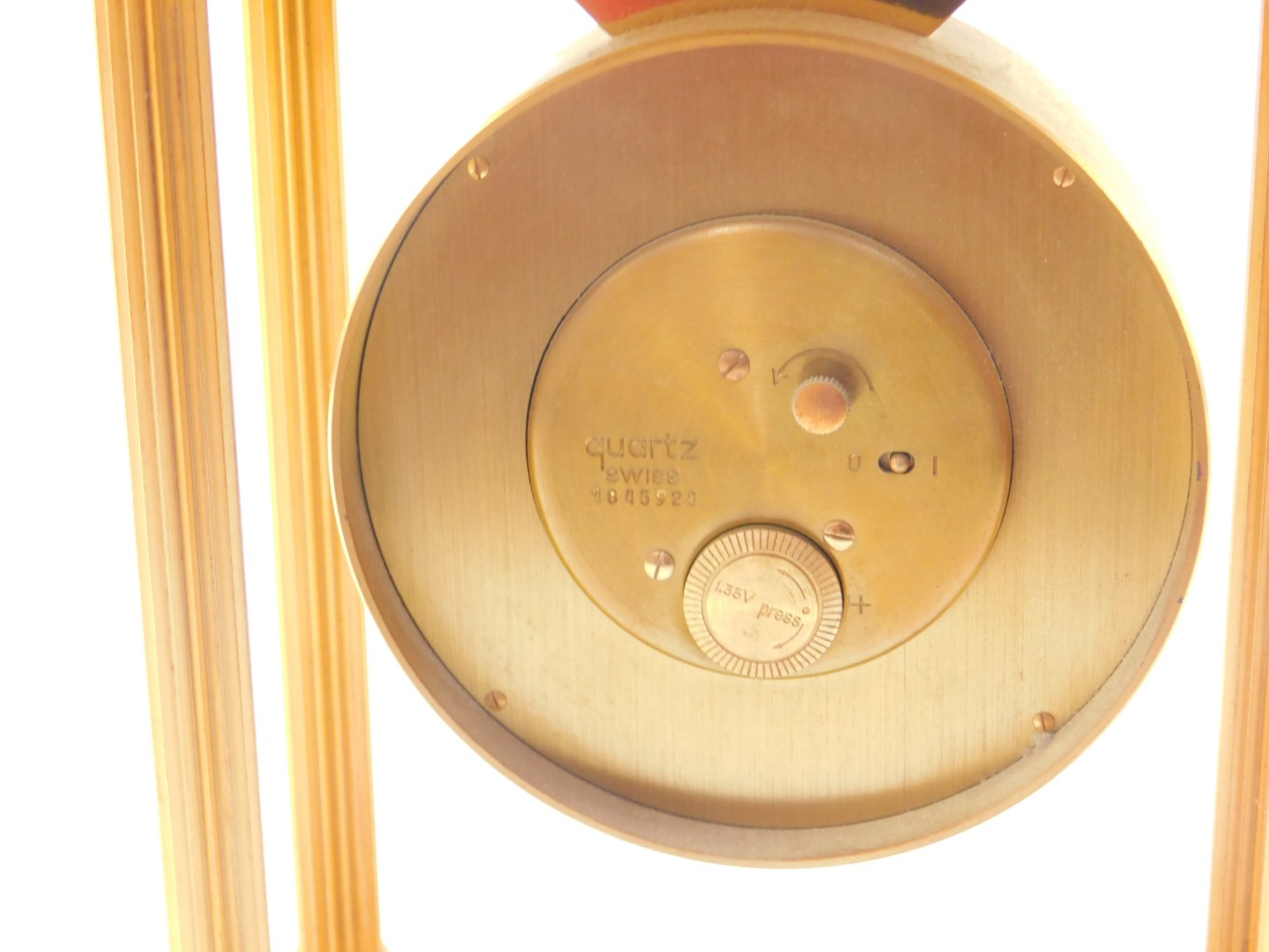 A Garrard and Company late 20thC gold plated brass mantel clock, of portico form, with fluted - Image 3 of 6