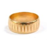 A wedding band, yellow metal, stamped 14K, size O, 6.0g.