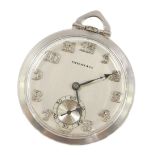 A Tiffany & Co gentleman's platinum cased pocket watch, circa 1930's, open faced, keyless wind,