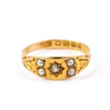 A Victorian 18ct gold diamond and seed pearl set ring, size Q, 2.0g.