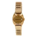 A Longine lady's 9ct gold cased wristwatch, gold date dial with centre seconds, 25 jewel movement,