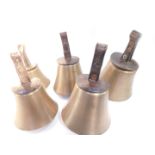 Five hand bells, notes C D E F# and G with tooled leather handles stamped G W.