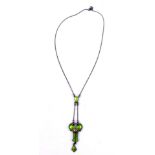 An Art Nouveau silver and green enamel pendant on chain, in the manner of Charles Horner.