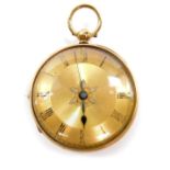 A gentleman's 18ct gold cased pocket watch, open faced, key wind, circular gilt dial bearing Roman