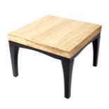 An Italian travertine marble and ebonised occasional table, the square top raised on curved legs,