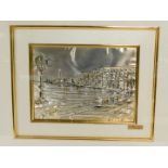 An Erre 2 Studio sheet silver picture of Bari il Lungomare, highlighted in gold paint, signed