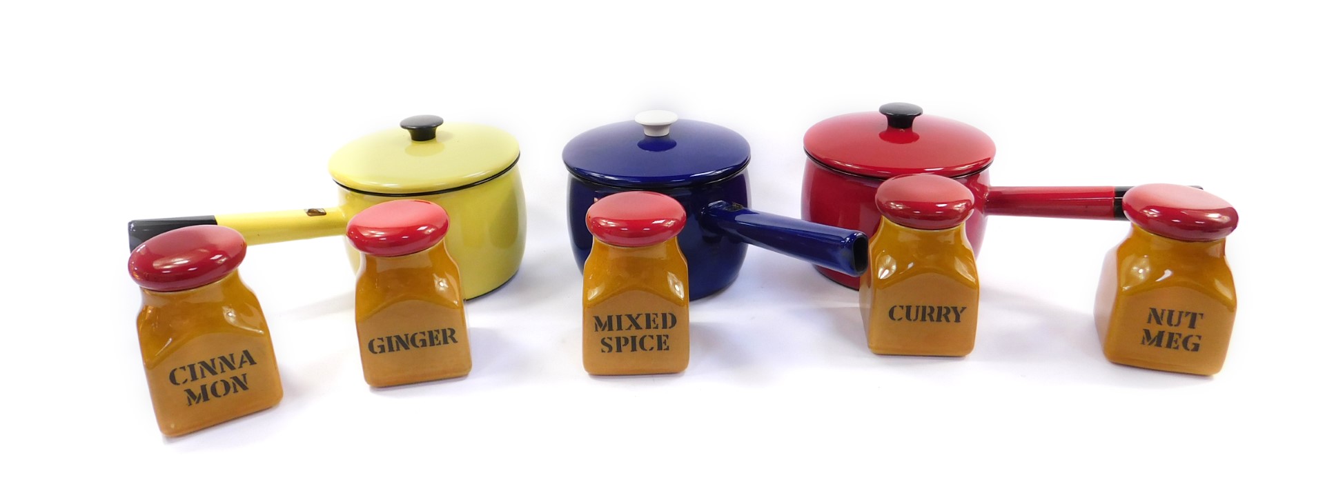 Three Swedish Kockums coloured enamel saucepans with lids, together with five Derek Fowler Studio