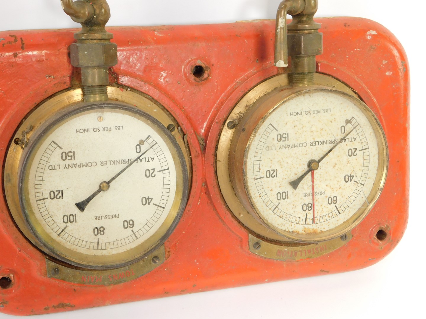 An Atlas Sprinkler Company twin pressure gauge, Installation and Towns Main, on a red cast iron back - Image 3 of 3