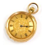 A Victorian lady's 18ct gold cased pocket watch, open faced, keyless wind, floral and foliate