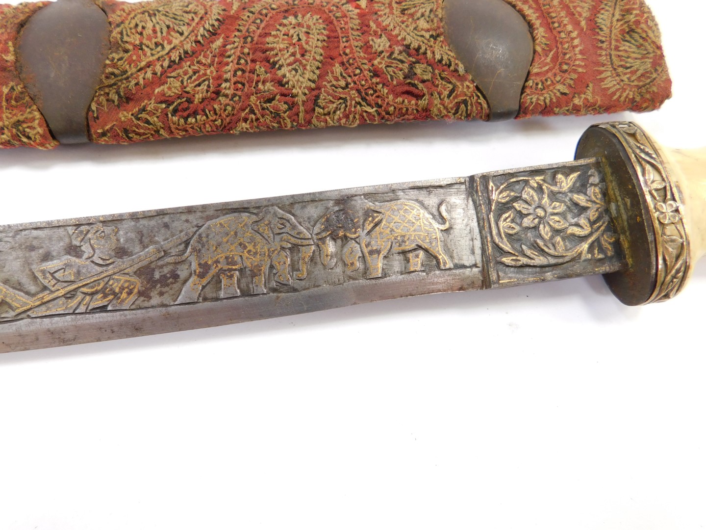 An Indian 19thC native Shamshir dress sword, the jewel encrusted ivory hilt carved as the head of - Image 3 of 5