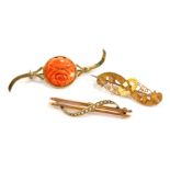 A Victorian 9ct gold and seed pearl set bar brooch, a 9ct gold foliate belt and buckle brooch, 3.8g,