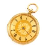 A Victorian lady's 18ct gold cased pocket watch, open faced, key wind, foliate engraved dial with