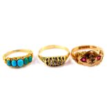 A Victorian 18ct gold and diamond five stone ring, size Q, 3.0g, high grade gold and turquoise
