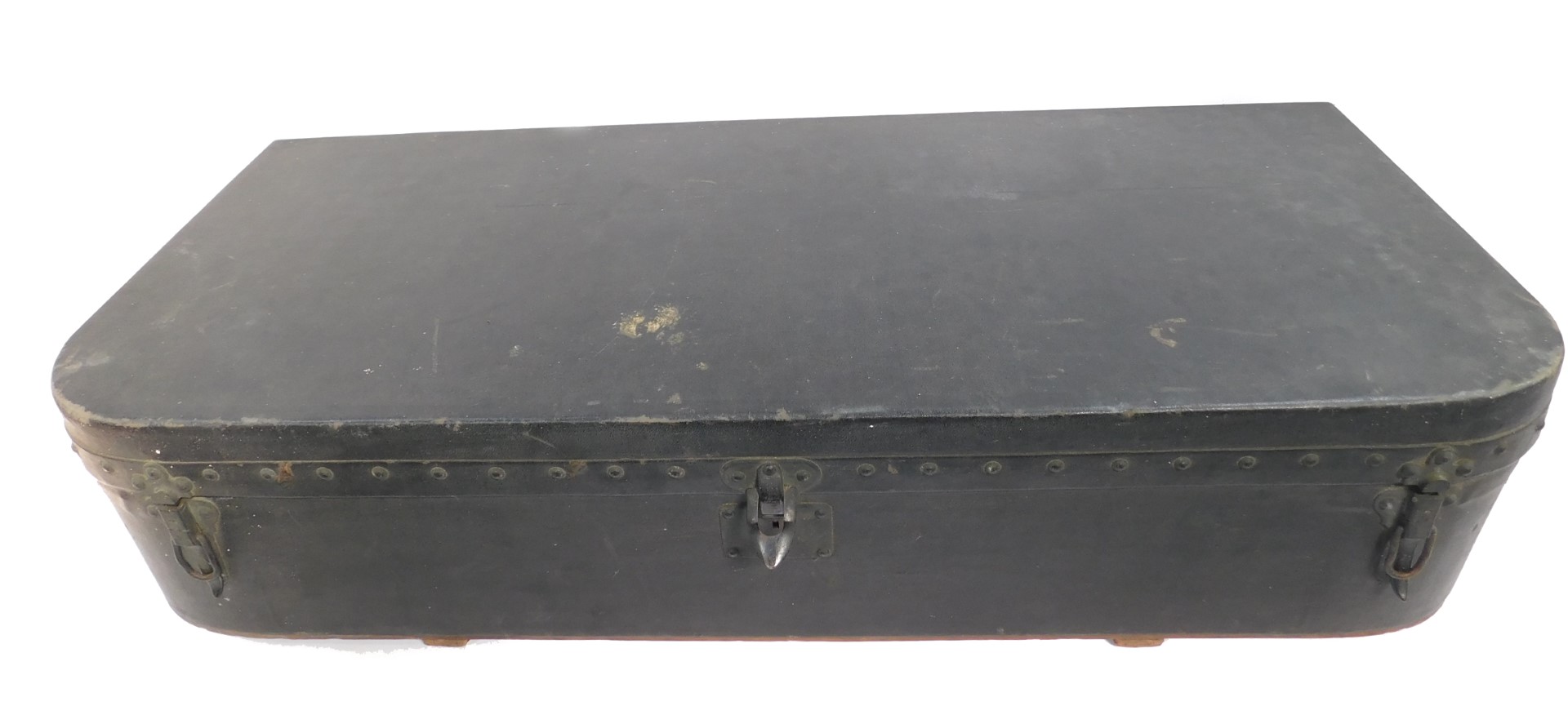 A Louis Vuitton early 20thC car trunk, possibly for a Rolls Royce, the studded black bow fronted