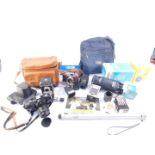 A Zenit EM camera, Halina Viceroy camera, Halina Super 8 camera, electronic flash and sundries. (