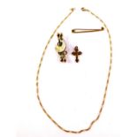 A Victorian 9ct three colour gold crescent floral and crossed pole brooch, a pendant cross, pin, and
