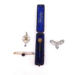 A 9ct gold and blue paste set bar brooch, Victorian 15ct gold tie pin, paste set costume brooch