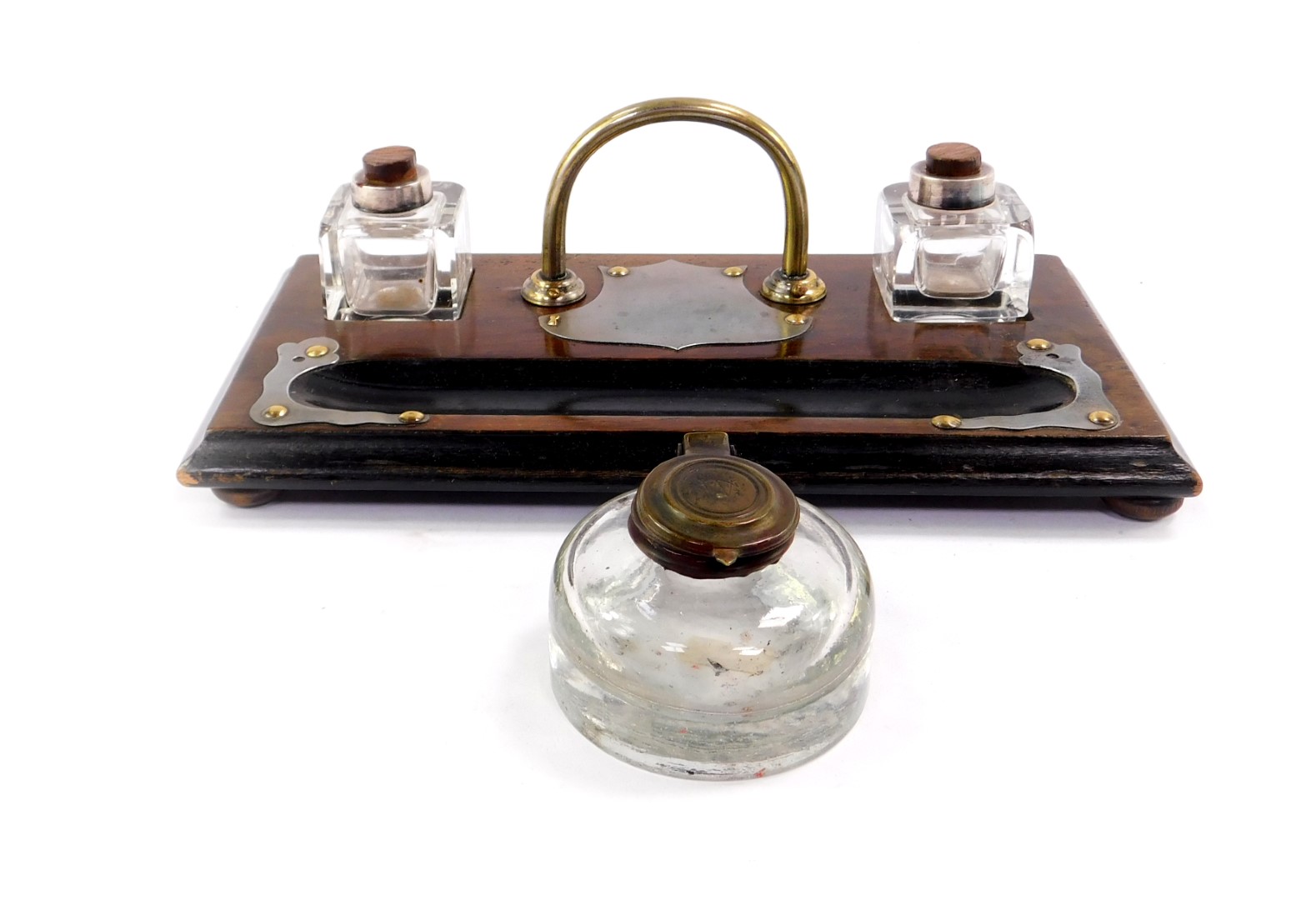 A Victorian walnut and ebonised desk stand, with brass carrying handle, with two recesses holding - Image 2 of 5